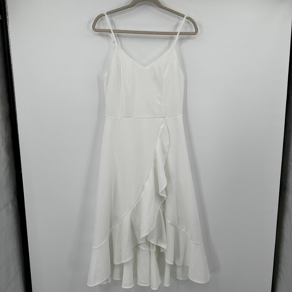 Dresstells White Spaghetti Strap Dress Ruffle Hemline V‎ Neck Formal Occasion